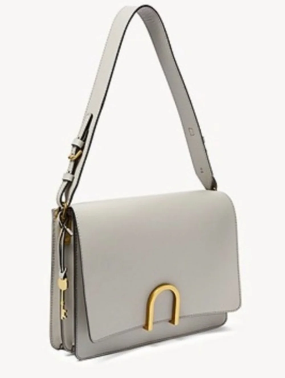 Fossil Leather Shoulder Bag Light Gray/Gold Hardware U-Shape Clasp Charm, NWOT - Picture 2 of 15